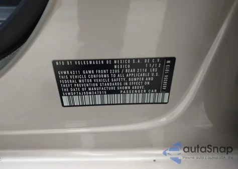 2013 Volkswagen Jetta 2.5L Se из США, поврежденный, VIN 3VWDP7AJ9DM247515